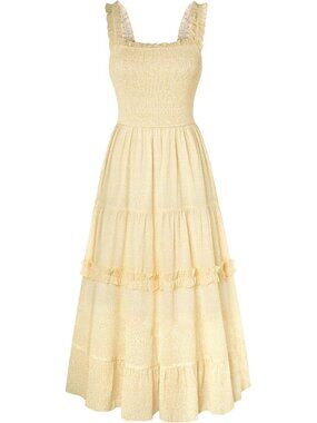 Women's Floral Dress Flowy Sundress Smocked Yellow White Cottage core Dresses